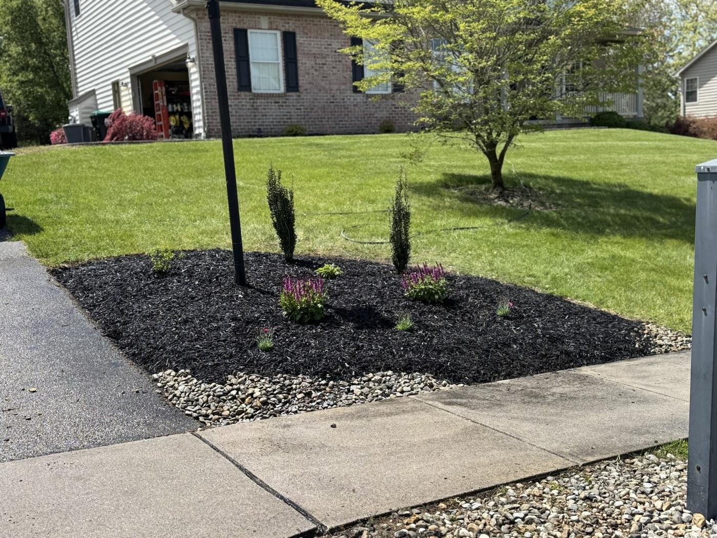 Front yard with a new bed, fresh mulch and a mowed lawn